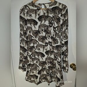 H&M Cream Multi Dress Retro Bengal Cat Print Round Neck Mini A-Line Size 8